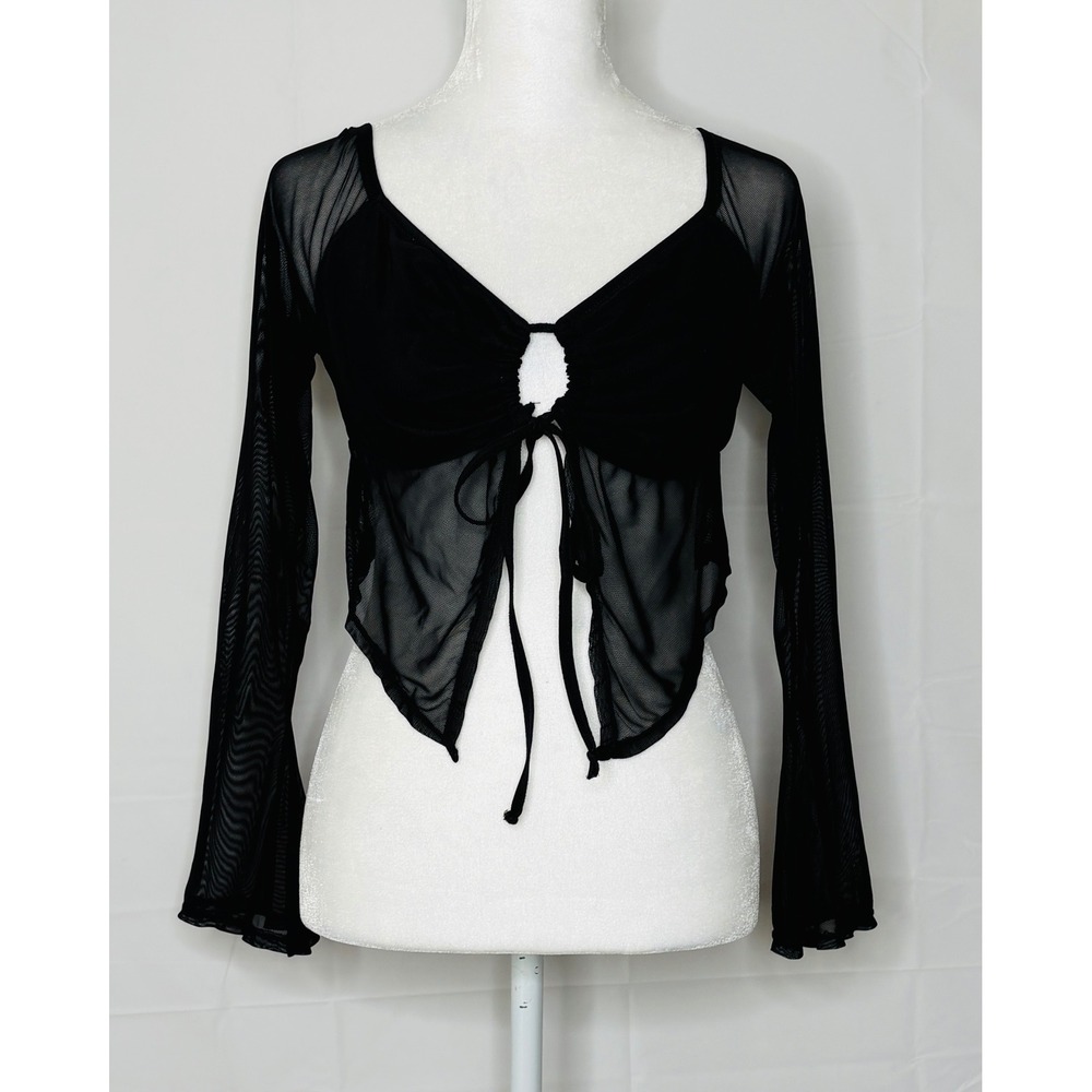 Whitchy Gothic Sheer Crop Top Tie Front Bell Sleeve OXL Black Shein Whimsigoth